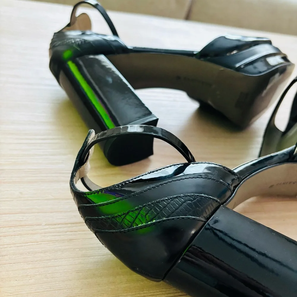 All Saints Tia Glossy Black Platform Heel Sandals Size 10M‎ WF571Z